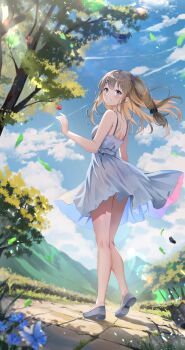 1girl absurdres aizawa_(aizawatsu) bare_arms bare_shoulders blue_sky blush breasts brown_eyes brown_hair cloud commentary day dress full_body girls&#039;_frontline girls&#039;_frontline_2:_exilium grin hand_up highres k2_(girls&#039;_frontline) long_hair looking_at_viewer medium_breasts outdoors shoes sky sleeveless sleeveless_dress smile solo standing tree white_dress white_shoes yoohee_(girls&#039;_frontline_2)