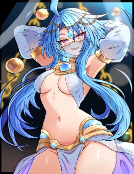 1girl absurdres alternate_costume arabian_clothes armpits arms_behind_head belly_dancer blue_hair breasts cleavage dancer half-closed_eyes highres jewelry large_breasts legs looking_at_viewer mrrollingcircle navel neptune_(series) red_eyes seductive_gaze seductive_smile short_hair smile teeth thighs tongue white_heart_(neptunia)