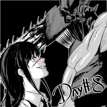 1boy 1girl chainsaw chainsaw_devil chainsaw_man collared_shirt greyscale grin highres intestine_clothing long_hair looking_at_another monochrome red_eyes rinneko_art scar scar_on_face scar_on_nose sharp_teeth shirt sidelocks smile spot_color teeth yoru_(chainsaw_man)