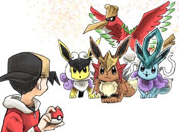 Rule 34 | 1boy, backwards hat, baseball cap, black hair, cosplay, eevee, entei, entei (cosplay), ethan (pokemon), fearow, gen 1 pokemon, gen 2 pokemon, hat, highres, ho-oh, ho-oh (cosplay), holding, holding poke ball, kicdon, legendary pokemon, looking at another, nintendo, poke ball, poke ball (basic), pokemon, pokemon (creature), pokemon focus, pokemon gsc, raikou, raikou (cosplay), suicune, suicune (cosplay)
