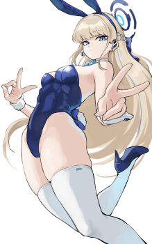 1girl absurdres animal_ears aqua_bow aqua_bowtie bare_shoulders blonde_hair blue_archive blue_eyes blue_hairband blue_halo blue_leotard blue_streaks bow bowtie breasts closed_mouth detached_collar double_v earpiece fake_animal_ears fake_tail fengling_(furin-jp) hairband halo highleg highleg_leotard highres leotard long_hair looking_at_viewer medium_breasts official_alternate_costume playboy_bunny rabbit_ears rabbit_tail simple_background solo strapless strapless_leotard tail thighhighs toki_(blue_archive) toki_(bunny)_(blue_archive) v white_background white_thighhighs white_wrist_cuffs wrist_cuffs