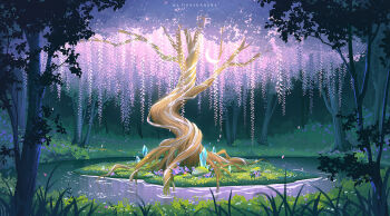 Rule 34 | artist name, commentary, commission, crystal, english commentary, fantasy, foliage, forest, highres, huhv., nature, night, no humans, original, outdoors, pixiv commission, plant, plant focus, pond, scenery, tree, water