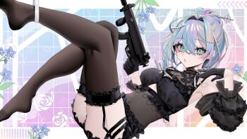 1girl bebe_(bebe_pp) black_garter_straps black_gloves black_sleeves blue_flower blue_hair breasts covered_navel detached_sleeves eyelashes flower garter_straps gloves green_eyes grey_hair gun hair_intakes hair_ornament hair_ribbon hair_stick highres holding holding_gun holding_weapon indie_virtual_youtuber multicolored_hair purple_hair ribbon second-party_source solo streaked_hair thighhighs virtual_youtuber weapon white_ribbon yuy_(vtuber)