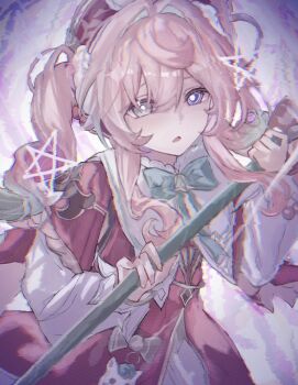1girl bow bright_pupils commentary dress drill_hair glitch hat holding holding_staff honkai:_star_rail honkai_(series) hyacine_(honkai:_star_rail) long_sleeves mismatched_pupils nayuta_(8888_mugen) parted_lips pink_hair staff star_(symbol) symbol-only_commentary
