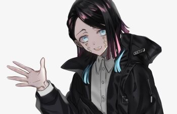 1boy :d alternate_costume asymmetrical_hair black_jacket blue_eyes buttons colored_tips commentary_request crossbody_bag demon_boy enmu_(kimetsu_no_yaiba) facial_mark fangs fanny_pack hand_up high_collar jacket kimetsu_no_yaiba looking_at_viewer luv_ufo male_focus medium_hair multicolored_hair open_clothes open_hand open_jacket open_mouth shirt shoulder_strap simple_background smile solo symbol-shaped_pupils tears_facial_mark teeth trap upper_body upper_teeth_only variant_set waving white_background white_shirt wing_collar zipper