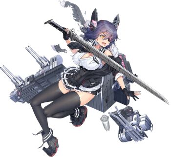 Rule 34 | 1girl, ayaki, black gloves, black jacket, black thighhighs, breast pocket, breasts, checkered necktie, cleavage, collarbone, defeat, eyepatch, full body, gloves, headgear, high heels, jacket, kantai collection, large breasts, long legs, looking to the side, messy hair, necktie, official art, open clothes, open mouth, open shirt, partially fingerless gloves, pocket, purple hair, rigging, school uniform, ship turret, short hair, solo, sword, tenryuu (kancolle), tenryuu kai ni (kancolle), thighhighs, third-party source, torn clothes, torn jacket, transparent background, weapon, yellow eyes