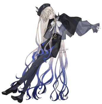 1boy beret black_capelet black_hat black_pantyhose black_shoes black_shorts blonde_hair blue_hair blunt_bangs bow bowtie capelet closed_eyes fate/grand_order fate_(series) full_body gradient_hair grey_shirt hat high-waist_shorts highres long_hair long_sidelocks long_sleeves male_focus multicolored_hair noah_(fate) noah_(second_ascension)_(fate/grand_order) open_mouth outstretched_arm pantyhose puffy_long_sleeves puffy_sleeves shirt shoes shorts sidelocks simple_background sleeves_past_wrists smile solo twitter_username very_long_hair very_long_sidelocks white_background white_bow white_bowtie yowa_(niboshi)