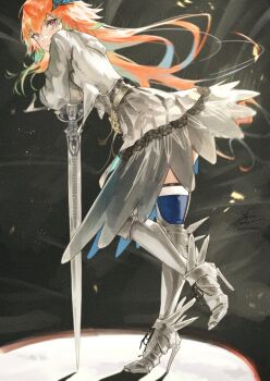 1girl armor armored_boots boots commentary fadingz full_body high_heel_boots high_heels highres hololive hololive_english leaning_on_weapon long_hair looking_at_viewer official_alternate_costume orange_hair signature solo spotlight standing sword symbol-only_commentary takanashi_kiara takanashi_kiara_(knight) thigh_boots virtual_youtuber weapon