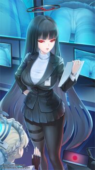 Rule 34 | 2girls, absurdres, anarchyart, black gloves, black hair, black jacket, black pantyhose, black skirt, blazer, blonde hair, blue archive, blue hair, blue halo, blunt bangs, breasts, bright pupils, commentary request, fingerless gloves, formal clothes, gloves, halo, hand on own hip, highres, holster, indoors, jacket, large breasts, long hair, maid headdress, multicolored hair, multicolored halo, multiple girls, pantyhose, parted lips, patreon username, pleated skirt, red eyes, rio (blue archive), skirt, skirt suit, solo, streaked hair, suit, sweater, thigh holster, toki (blue archive), turtleneck, turtleneck sweater, two-tone hair, two-tone halo, very long hair, watch, white pupils, white sweater, wristwatch
