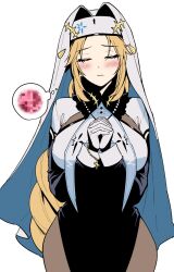 Rule 34 | 1girl, amearare, black bodysuit, black gloves, blonde hair, blush, bodysuit, breasts, censored, closed eyes, commentary request, cross, cross facial mark, dress, facial mark, forehead mark, gloves, goddess of victory: nikke, habit, highres, large breasts, long hair, mosaic censoring, nun, rapunzel (nikke), sidelocks, simple background, solo, standing, thought bubble, very long hair, white background, white bodysuit, white gloves