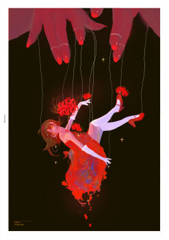 1girl absurdres bare_shoulders black_background bleeding blood blood_on_body blood_on_face bloody_tears brown_hair character_name colored_skin commentary copyright_name crying cuts dio_knarf dress empty_eyes feet_up fingernails flipped_hair flower from_side full_body giant gloves hairband hand_up hanging high_heels highres injury jewelry kirigoe_mima long_fingernails looking_at_viewer nail_polish orange_eyes out_of_frame pantyhose parted_lips perfect_blue petals puppet_strings red_dress red_eyes red_flower red_nails red_skin red_theme saliva short_hair simple_background size_difference solo_focus sparkle stab strapless strapless_dress white_gloves white_pantyhose wide-eyed