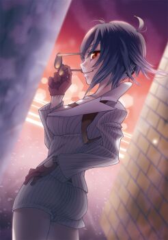 1girl bad_id bad_pixiv_id black_hair breasts devil_may_cry devil_may_cry_(series) devil_may_cry_4 glasses gloves hand_on_own_hip highres jacket lady_(devil_may_cry) red_eyes red_gloves shiroa_uran shorts smile white_jacket white_shorts