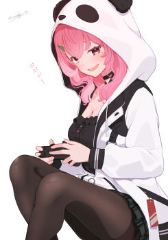 1girl absurdres animal_hood black_pantyhose black_shirt blush breasts cleavage commentary_request controller fang feet_out_of_frame frilled_shirt frills game_controller hair_ornament hairclip highres holding holding_controller holding_game_controller hood hoodie knees_up long_hair long_sleeves looking_at_viewer medium_breasts miniskirt mole mole_under_eye nijisanji panda_hood pantyhose parted_lips pink_eyes pink_hair plaid_clothes plaid_skirt sasaki_saku sasaki_saku_(1st_costume) scopedog_12 shirt sitting skin_fang skirt smile smug virtual_youtuber wavy_hair white_background