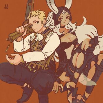 1boy 1girl balflear blonde_hair breasts bullet choker cleavage earrings final_fantasy final_fantasy_xii fran_(ff12) green_eyes gun highres jewelry long_hair nobu_(25mark) orange_background rabbit rabbit_ears red_eyes short_hair sitting square_enix weapon white_hair