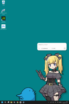 1girl absurdres ani_(xai) aqua_background arairestaurant asymmetrical_legwear bare_shoulders belt bird black_belt black_bow black_dress black_gloves black_thighhighs blonde_hair blue_eyes blush bow breasts commentary_request corset desktop_(computing) desktop_mascot dress gloves hair_bow high-low_dress highres long_hair looking_at_viewer medium_breasts microsoft_windows multiple_hair_bows off-shoulder_dress off_shoulder parody shadow simple_background single_fishnet_legwear solo thighhighs translated twintails twitter twitter_bird ukagaka windows_10 xai_(company)
