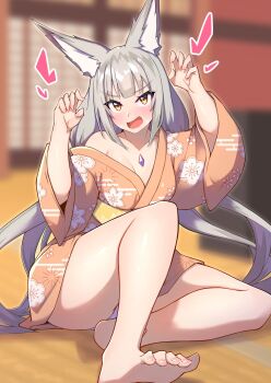 1girl animal_ears brown_hair cat_ears cat_girl cat_tail commentary_request core_crystal_(xenoblade) fang floral_print floral_print_kimono highres japanese_clothes kimono long_hair looking_at_viewer nia_(blade)_(xenoblade) nia_(xenoblade) obi open_mouth orange_kimono osora_(judithandlilith) panties print_kimono sash skin_fang soles solo tail toes twintails underwear white_panties xenoblade_chronicles_(series) xenoblade_chronicles_2 yellow_eyes yukata