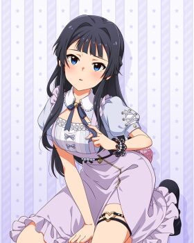 1girl black_hair blue_eyes blush breasts commentary_request drop_shadow game_cg hair_intakes heart heart_o-ring idolmaster idolmaster_million_live! idolmaster_million_live!_theater_days kneeling long_hair looking_at_viewer mogami_shizuka o-ring o-ring_thigh_strap official_alternate_costume official_art parted_lips puffy_short_sleeves puffy_sleeves pure_mine_lady_(idolmaster) purple_skirt short_sleeves skirt solo thigh_strap third-party_source