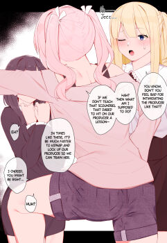 blonde_hair blue_eyes business_suit english_text formal_clothes highres kassai_kassai long_sleeves office_lady original pink_hair ponytail purple_hair shorts suit sweat twintails