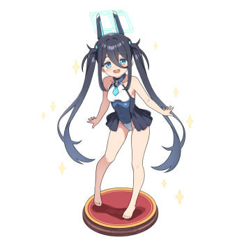 Rule 34 | 1girl, :d, aris (armed) (blue archive), aris (blue archive), bare arms, bare legs, bare shoulders, barefoot, black hair, blue archive, blue eyes, blush, breasts, collarbone, commentary request, full body, groin, hair between eyes, halo, hatsunatsu, headgear, leotard, long hair, looking at viewer, open mouth, partial commentary, sidelocks, simple background, small breasts, smile, solo, standing, teeth, twintails, upper teeth only, very long hair, white background, white leotard