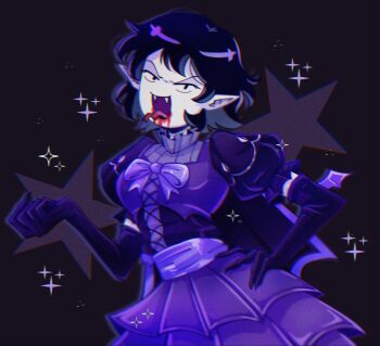 adventure_time black_dress black_gloves blood blood_from_mouth dress elbow_gloves fangs frilled_dress frills gloves highres marceline_abadeer pichichustudio puffy_short_sleeves puffy_sleeves short_sleeves tongue tongue_out v-shaped_eyebrows