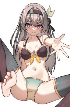 1girl absurdres armlet artist_name bikini black_hairband blush breasts brown_bikini closed_mouth firefly_(honkai:_star_rail) gradient_bikini gradient_eyes gradient_thighhighs grey_hair hair_between_eyes hairband highres honkai:_star_rail honkai_(series) jewelry long_hair looking_at_viewer medium_breasts multicolored_eyes nail_polish outstretched_arm simple_background sitting smile soles solo spread_legs stomach swimsuit toe_ring toes white_background x_xith_x