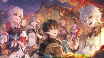 3boys 3girls absurdres antenna_hair architecture autumn_leaves azukimaru bare_shoulders black_gloves black_hair black_jacket black_shirt black_skirt black_tiara blue_eyes breasts bubble_tea building castorice_(honkai:_star_rail) chinese_clothes commentary_request cup dan_heng_(honkai:_star_rail) dan_heng_(permansor_terrae)_(honkai:_star_rail) disposable_cup dragon_boy dragon_horns dress drinking_straw east_asian_architecture eating food gloves grey_hair hair_between_eyes hair_ornament hair_ribbon highres holding holding_cup holding_food honkai:_star_rail honkai_(series) horns jacket leaf long_hair looking_at_another march_7th_(honkai:_star_rail) march_7th_(hunt)_(honkai:_star_rail) medium_breasts multicolored_eyes multiple_boys multiple_girls mydei_(honkai:_star_rail) night night_sky open_mouth outdoors phainon_(honkai:_star_rail) pink_eyes pink_hair pointy_ears purple_eyes purple_gloves purple_hair red_jacket ribbon shirt short_hair shuangyaji sitting skirt sky standing stelle_(honkai:_star_rail) tiara trailblazer_(honkai:_star_rail) two-tone_eyes very_long_hair white_dress white_hair white_shirt yellow_eyes yellow_horns