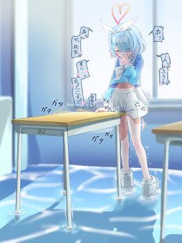 1girl absurdres arona_(blue_archive) blue_archive blue_hair blue_shirt blush bow classroom closed_eyes clothed_masturbation covering_own_mouth crotch_rub desk female_focus female_masturbation full_body hair_bow hair_over_one_eye halo hand_to_own_mouth heart heart_halo highres indoors karuru legs loli masturbation masturbation_through_clothes miniskirt moaning motion_blur navel no_socks pussy_juice ribbon school_uniform serafuku shirt shoes short_hair skirt solo table_humping thighs trembling water white_shirt white_shoes window