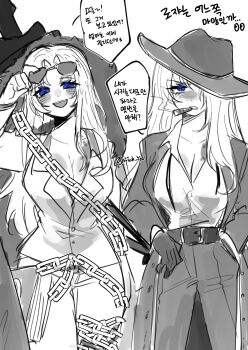 2girls absurdres blue_eyes commentary_request cowboy_shot gloves highres korean_commentary limbus_company long_hair long_sleeves looking_at_viewer monochrome multiple_girls necktie open_mouth pants pmchell_04 project_moon rodion_(project_moon) side-by-side simple_background sketch smile unfinished wavy_hair white_background