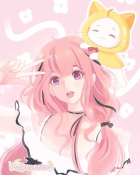 1girl ^_^ animal animal_on_head artist_name bare_shoulders black_bow black_ribbon bow bow_choker bowtie bra_strap brown_eyes cat cat_on_head choker cloak closed_eyes closed_mouth clothed_animal commentary ear_covers english_commentary eyelashes floral_background hair_bow hair_half_over_shoulder hair_ribbon happy highres hood hood_up hooded_cloak infinity_nikki lips long_hair long_sleeves low_twintails momo_(nikki) nikki_(nikki) nikki_(series) off-shoulder_shirt off_shoulder on_head open_mouth outline palms pink_background pink_bow pink_bowtie pink_choker pink_hair pink_lips polymernai red_bow red_bowtie ribbon see-through_clothes see-through_sleeves shirt single_stripe sleeves_past_wrists smile striped_bow striped_bowtie striped_choker striped_clothes teeth tress_ribbon twintails upper_body upper_teeth_only v watermark whiskers white_cat white_outline white_shirt yellow_cloak