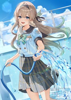 1girl :d black_hairband black_sailor_collar black_skirt blush bow bowtie brown_eyes brown_hair cloud commentary_request cowboy_shot day double-parted_bangs firefly_(honkai:_star_rail) gradient_hair green_bow green_bowtie green_hair hairband highres holding holding_hose honkai:_star_rail honkai_(series) hose long_hair looking_at_viewer miyanami_3 multicolored_hair open_mouth outdoors plaid_bow plaid_bowtie plaid_clothes plaid_skirt pleated_skirt sailor_collar school_uniform serafuku shirt short_sleeves skirt smile solo standing two-tone_hair water watermark white_shirt