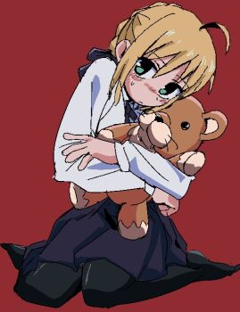 Rule 34 | 1girl, ahoge, artoria pendragon (fate), blonde hair, blush, fate/stay night, fate (series), green eyes, hair ribbon, moyosan, pantyhose, red background, ribbon, saber (fate), simple background, sitting, skirt, solo, stuffed animal, stuffed toy, teddy bear, wariza