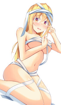 1girl absurdres arm_between_breasts bandages between_breasts blonde_hair blush breasts commentary_request covered_erect_nipples embarrassed from_below hair_between_eyes hand_on_own_chest hands_up highres kirisame_marisa large_breasts long_hair looking_at_viewer looking_down medium_breasts naked_bandage navel open_mouth shiso_gohan sitting solo stomach textless_version thighs touhou underboob very_long_hair yellow_eyes