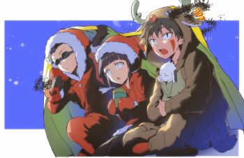 1girl 2boys aburame_shino akamaru_(naruto) animal_costume baby_animal black_hair blue_background blunt_bangs border brown_coat brown_hair coat commentary_request cup dog facial_mark goggles grey_eyes hat highres holding holding_cup holding_sack hood hooded_coat hyuuga_hinata indian_style inuzuka_kiba korean_commentary msggaduk01 multiple_boys naruto_(classic) naruto_(series) no_pupils on_one_knee open_mouth parted_lips puppy red_coat reindeer_costume sack santa_costume santa_hat short_hair sitting steaming_cup under_covers upper_body white_border