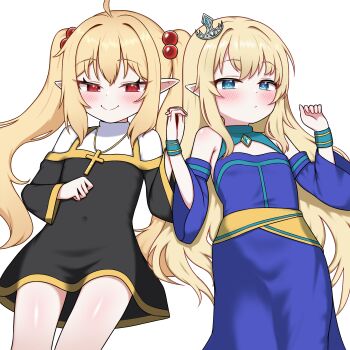 2girls absurdres blonde_hair blue_eyes blush commentary commission dress english_commentary highres holding_hands long_hair multiple_girls original pointy_ears red_eyes smile twintails white_background zing_(z_z_zing)