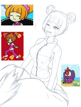 1girl ;d animal_costume armpits bare_shoulders breasts bug cicada cicada_(rhythm_tengoku) commentary_request comparison highres insect kaden08mm large_breasts lineart minna_no_rhythm_tengoku nintendo one_eye_closed open_mouth orange_hair pants penguin_costume purple_pants purple_shirt rhythm_tengoku scene_reference shirt short_twintails simple_background sleeveless smile sweat sweatdrop twintails warioware warioware:_move_it! white_background wide_hips