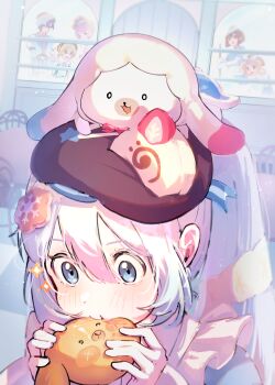 1other 2boys 4girls absurdres animal apron aqua_eyes aqua_hair beret blonde_hair blue_eyes blue_hair blush bread brown_eyes brown_hair brown_hat commentary_request cookie_hair_ornament eating food food-themed_hair_ornament frilled_apron frills green_eyes hair_between_eyes hair_ornament hat hatsune_miku highres holding holding_food indoors kagamine_len kagamine_rin kaito_(vocaloid) megurine_luka meiko meiko_(vocaloid) mikandorobocity multiple_boys multiple_girls on_head pink_hair rabbit_yukine sparkle vocaloid white_apron white_rabbit_(animal) yuki_kaito yuki_len yuki_luka yuki_meiko yuki_miku yuki_miku_(2026) yuki_rin