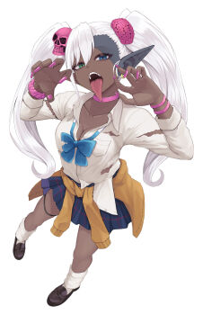 Rule 34 | 1girl, blue bow, blue eyes, blue skirt, bow, brain hair ornament, breasts, brown cardigan, brown shoes, cardigan, cardigan around waist, choker, claw pose, cleavage, clothes around waist, collarbone, collared shirt, colored skin, commentary request, copyright request, dark-skinned female, dark skin, dress shirt, earrings, full body, green eyes, hair ornament, hands up, heterochromia, highres, jewelry, loafers, long hair, long sleeves, looking at viewer, medium breasts, multicolored skin, nail polish, pink choker, pleated skirt, purple nails, school uniform, sharp teeth, shirt, shoes, simple background, skindentation, skirt, skull hair ornament, socks, solo, standing, teeth, temari rin, thigh strap, tongue, tongue out, torn clothes, torn shirt, twintails, two-tone skin, very long hair, virtual youtuber, white background, white hair, white shirt, white socks