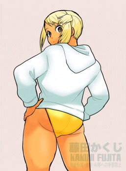 1girl ass blonde_hair expressionless fujita_kakuji looking_at_viewer looking_back simple_background swimsuit tagme