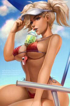 Rule 34 | 1girl, adjusting clothes, adjusting headwear, baywatch, between breasts, bikini, blue eyes, blue sky, breasts, bubble tea, bubble tea challenge, cloud, cloudy sky, covered navel, cup, day, disposable cup, drinking straw, eyelashes, eyeliner, fingernails, hair over one eye, highres, large breasts, lifeguard, long fingernails, looking at viewer, makeup, mavoly, meme, mercy (overwatch), mismatched eyebrows, navel, nose, overwatch, overwatch 1, pink lips, platinum blonde hair, ponytail, red bikini, short ponytail, side-tie bikini bottom, sitting, sky, solo, spaghetti strap, strap gap, summer, swimsuit, tan, thick eyebrows, underboob, visor cap, watermark, web address, whistle, whistle around neck