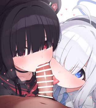 1boy 2girls ahoge bar_censor beret black_hair black_hat black_sailor_collar black_serafuku black_shirt blue_archive blue_eyes blunt_bangs blush breasts censored choker collared_shirt cooperative_fellatio erection fellatio ffm_threesome group_sex hair_over_eyes hairband halo hat hetero highres jacket justice_task_force_member_(blue_archive) kunugi_miyaco licking licking_penis loli long_hair long_sleeves millennium_science_school_student_(blue_archive) millennium_science_school_student_b_(blue_archive) multiple_girls neckerchief necktie oral penis pov red_eyes red_neckerchief sailor_collar school_uniform serafuku shirt simple_background small_breasts teamwork_(sexual) threesome tongue tongue_out white_background white_hair white_jacket white_shirt