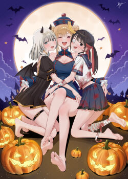 3girls :d ;d bandaged_leg bandages barefoot bat_(animal) black_choker black_dress black_hair black_wings blonde_hair blood blood_on_clothes blue_dress blue_hat blue_sailor_collar blue_skirt bygin china_dress chinese_clothes choker cleavage_cutout clothing_cutout cloud demon_horns demon_wings double_bun dress eyepatch feet full_moon group_hug hair_bun hat highres horns hug kasai_seira kitagawa_marin kneeling lower_teeth_only medical_eyepatch midriff_peek moon multiple_girls night night_sky ofuda ofuda_on_head one_eye_closed open_mouth ponytail puffy_short_sleeves puffy_sleeves pumpkin purple_sky red_eyes red_hair sailor_collar school_uniform serafuku short_sleeves skirt sky smile soles sono_bisque_doll_wa_koi_wo_suru sugaya_nowa teeth thigh_strap thighs tongue upper_teeth_only wings