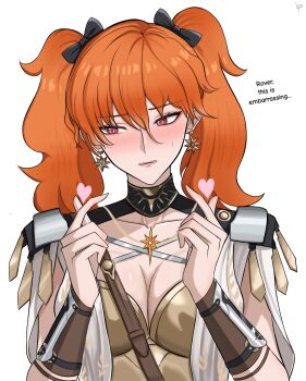 Rule 34 | 1girl, alternate hairstyle, arm armor, armor, artist logo, augusta (wuthering waves), averting eyes, bad id, bad twitter id, black bow, black collar, blush, bow, breastplate, breasts, cleavage, collar, collarbone, commentary, double finger heart, earrings, english commentary, english text, finger heart, hair between eyes, hair bow, hands up, heart, highres, jewelry, logo, luckplz, medium breasts, multiple hair bows, orange hair, parted lips, red eyes, simple background, solo, sun earrings, sun necklace, twintails, upper body, white background, wuthering waves