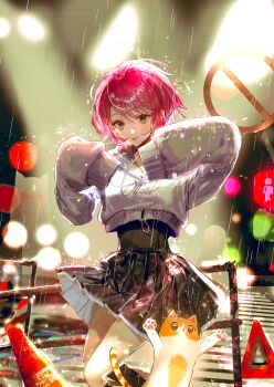 1girl black_dress black_socks cat cropped_hoodie dress dress_under_hoodie ginger_strings_(kaiba_seichoutsuu)_(zutomayo) ginger_strings_(zutomayo) green_eyes grey_hoodie highres hood hoodie kaiba_seichoutsuu_(zutomayo) long_hair looking_at_viewer nira-chan nira-chan_(kaiba_seichoutsuu)_(zutomayo) pink_hair rain road road_sign say_hana second-party_source short_hair sign sleeves_past_fingers sleeves_past_wrists smile socks traffic_cone traffic_light very_long_hair zutto_mayonaka_de_ii_no_ni