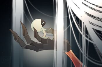 2girls absurdres arthropod_girl black_skin colored_skin from_side giant giantess grand_mother_silk_(hollow_knight) highres hollow_knight hollow_knight:_silksong kujiramaru lace_(hollow_knight) long_hair looking_at_another multiple_girls sitting watermark white_eyes white_hair white_skin