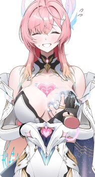 2girls absurdres aemeath_(wuthering_waves) bare_shoulders black_gloves blush breasts closed_eyes colored_tips commentary east_(east_0o0) elbow_gloves facing_viewer female_rover_(wuthering_waves) flying_sweatdrops gloves grabbing_another's_breast groping hair_ornament highres large_breasts leotard long_hair multicolored_hair multiple_girls partially_fingerless_gloves pink_hair rover_(wuthering_waves) simple_background smile solo_focus tacet_mark_(wuthering_waves) white_background white_gloves white_leotard wuthering_waves yuri