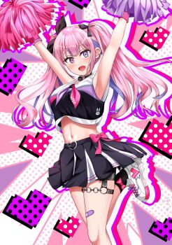 1girl :d absurdres armpits arms_up black_bow black_collar black_shorts black_skirt black_socks black_sports_bra blunt_bangs blush bow bow_legwear cheering cheerleader collar commentary_request cross-laced_shoes drop_shadow ear_piercing floating_hair foot_out_of_frame fudao_illust hair_bow happy heart heterochromia highres holding holding_pom_poms long_hair looking_at_viewer mewlive midriff miniskirt navel neckerchief o-ring o-ring_thigh_strap open_mouth piercing pink_bow pink_hair pink_neckerchief pleated_skirt polka_dot polka_dot_background pom_pom_(cheerleading) pom_poms purple_eyes red_eyes shoes shorts sidelocks simple_background skirt smile socks solo sports_bra standing standing_on_one_leg thigh_strap thighs twintails virtual_youtuber white_background white_shoes yousagi_kurone
