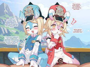 !? 2boys 2girls aeval_(genshin_impact) bar_censor blue_fur blue_hat blue_jacket blue_vest blush bottomless censored closed_eyes closed_mouth commentary commission elphane_(genshin_impact) english_commentary english_text furry furry_female genshin_impact group_sex hat jacket long_sleeves luxuriou_s melusine_(genshin_impact) multiple_boys multiple_girls navel open_mouth orange_eyes orgy paid_reward_available penis pink_fur pussy pussy_juice red_hat red_jacket red_vest sex stomach_bulge vaginal variant_set veins veiny_penis vest