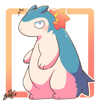 Rule 34 | blush, bokkori vrc, border, commentary request, fire, full body, gen 2 pokemon, highres, jitome, looking at viewer, nintendo, no humans, nostrils, outline, pokemon, pokemon (creature), signature, solo, surprised, typhlosion, white border, white outline