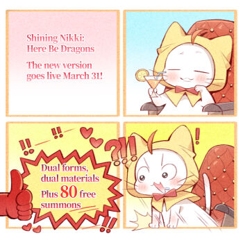 Rule 34 | !, !!, !?, ^^^, animal, animal focus, armchair, artist request, black eyes, bow, bowtie, chair, cloak, closed eyes, closed mouth, clothed animal, cocktail glass, cup, drink, drinking glass, drinking straw, drooling, ear covers, emphasis lines, english text, food, fruit, heart, highres, holding, holding drink, hood, hood up, hooded cloak, juice, meme, meme request, momo (nikki), nikki (series), no humans, official art, on chair, open mouth, orange (fruit), orange juice, orange slice, promotional art, raised inner eyebrows, red bow, red bowtie, second-party source, sequential, shining nikki, sitting, smile, thumbs up, traditional bowtie, v-shaped eyebrows, wide-eyed, yellow cloak