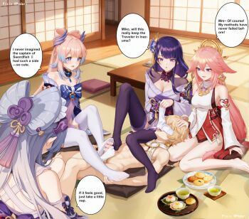 1boy aether_(genshin_impact) animal_ears censored clothed_female_nude_male english_text feet femdom food foot_focus foot_worship footjob fox_ears fox_girl genshin_impact hair_ornament japanese_clothes kimono multiple_girls nude podari_parari raiden_shogun sangonomiya_kokomi socks stoking tagme yae_miko yumemizuki_mizuki